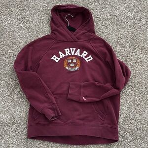 Harvard University League Embroidered Spellout Patch Hoodie Burgundy Large